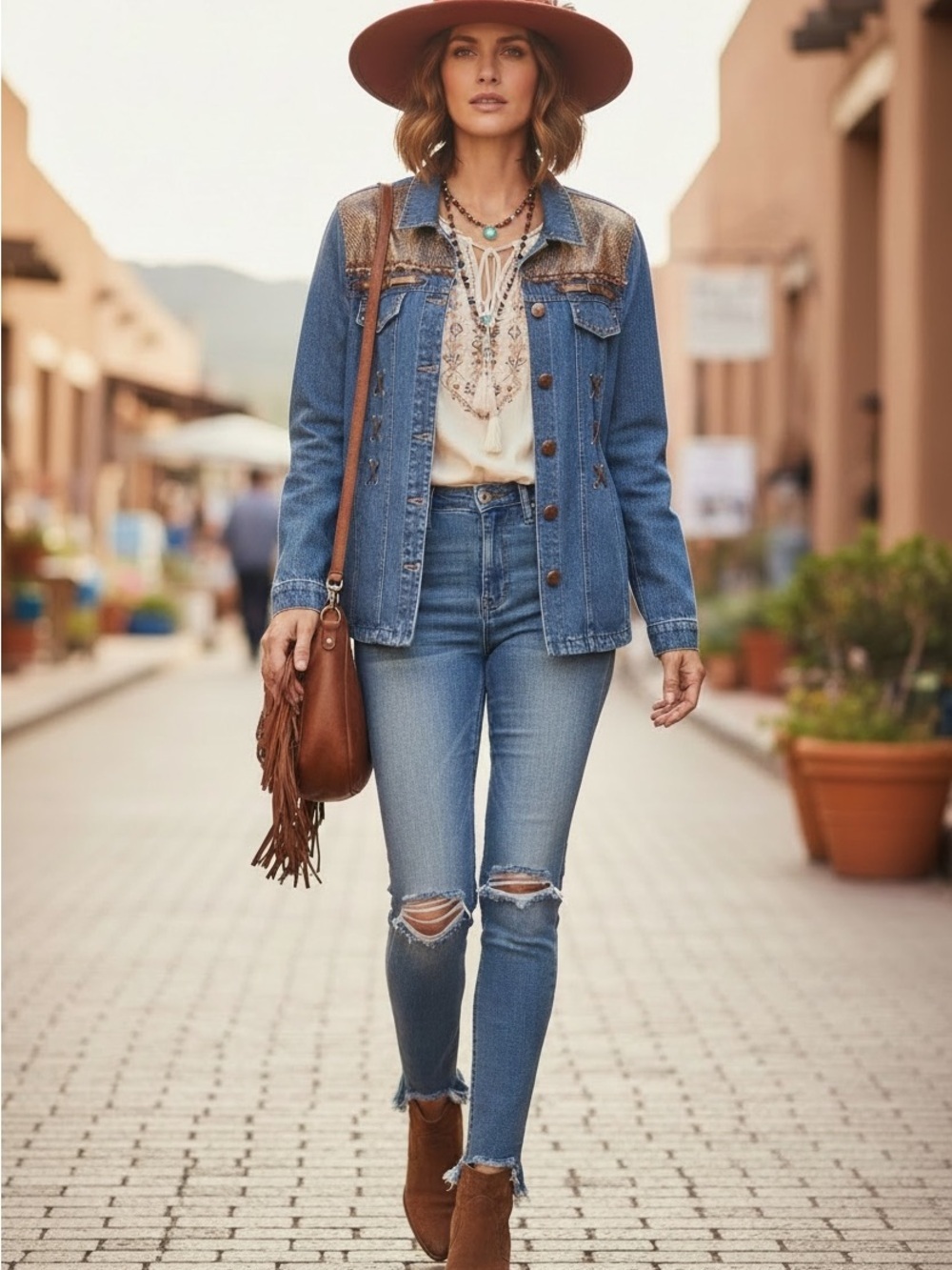 Vintage Denim Bohemian Faux Leather Brass Button Down Western Shirt Jacket